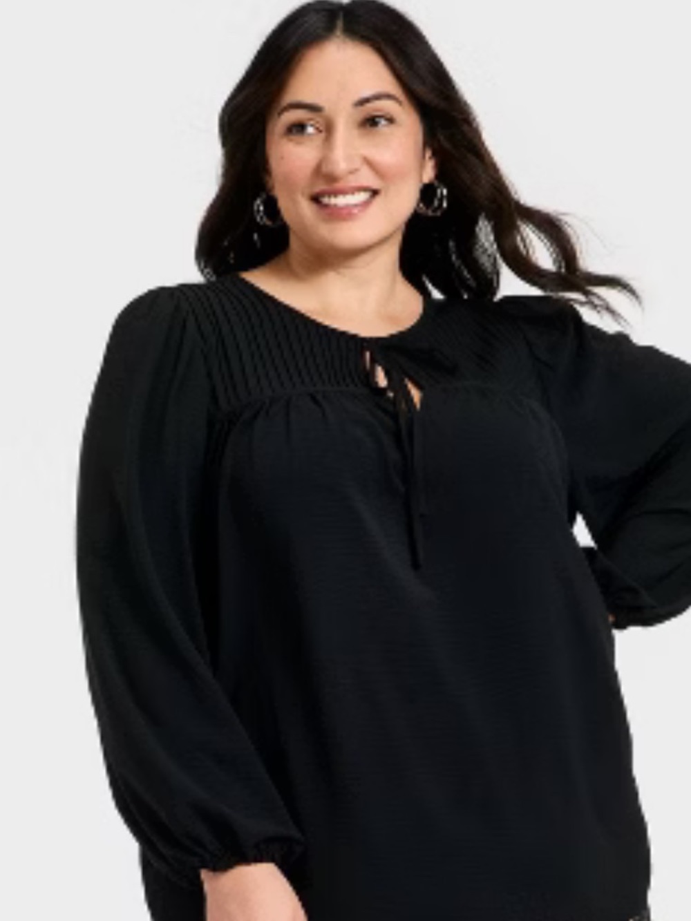 Women's Bishop Long Sleeve‎ Pleated Tie-Front Blouse - Ava & Viv Black